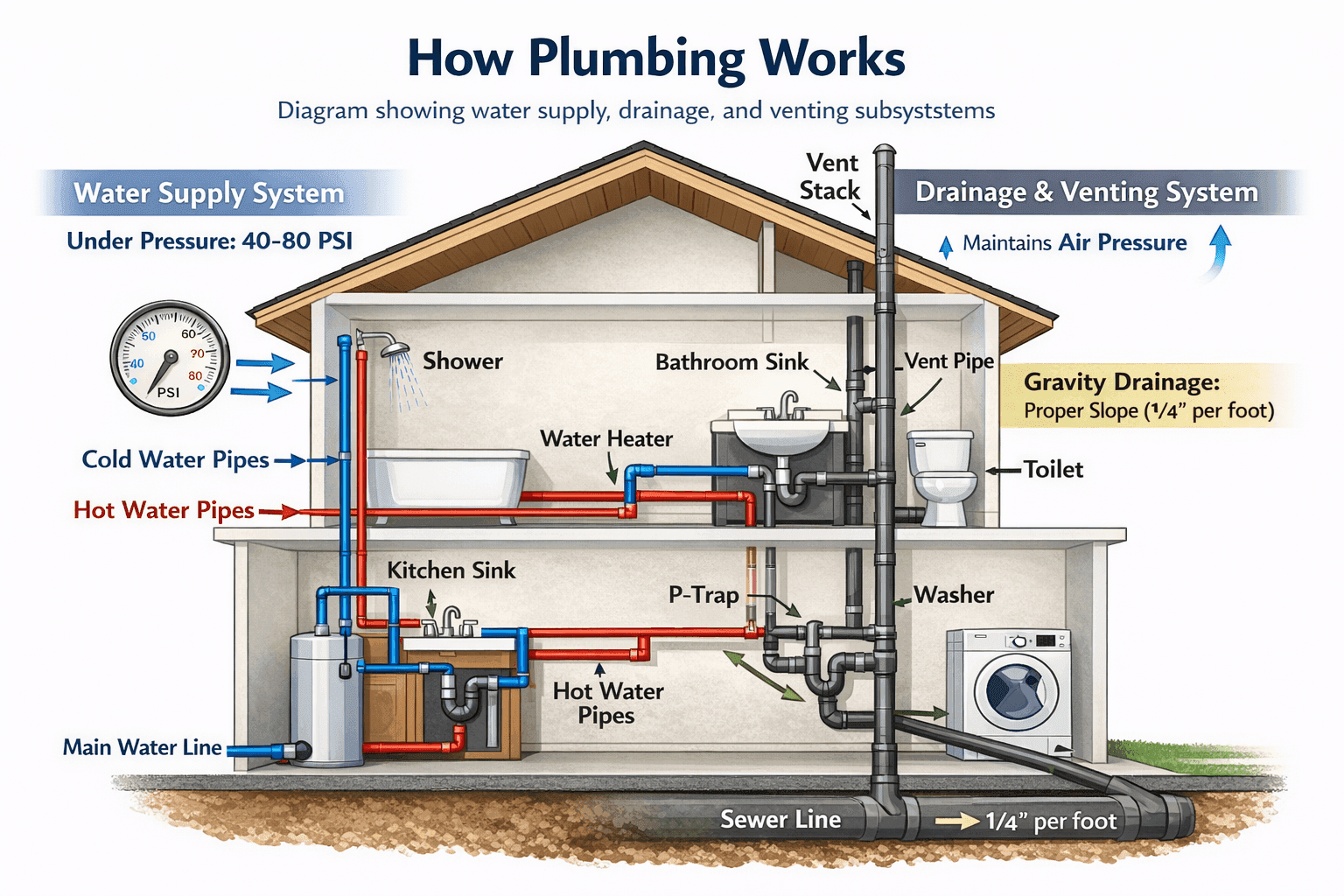 Diagram showing water supply, drainage, and venting subsystems
