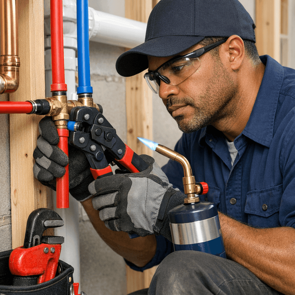 Plumber at work showing professional tools and skills