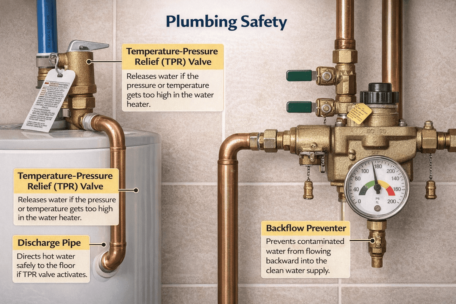 Plumbing safety devices including TPR valve and backflow preventer