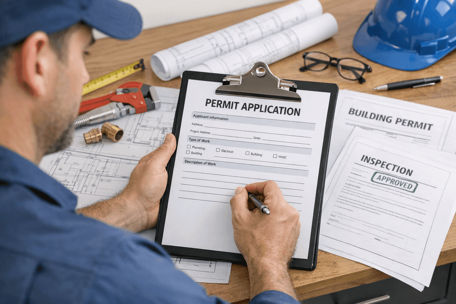 Plumber reviewing permit application documents and construction plans on clipboard