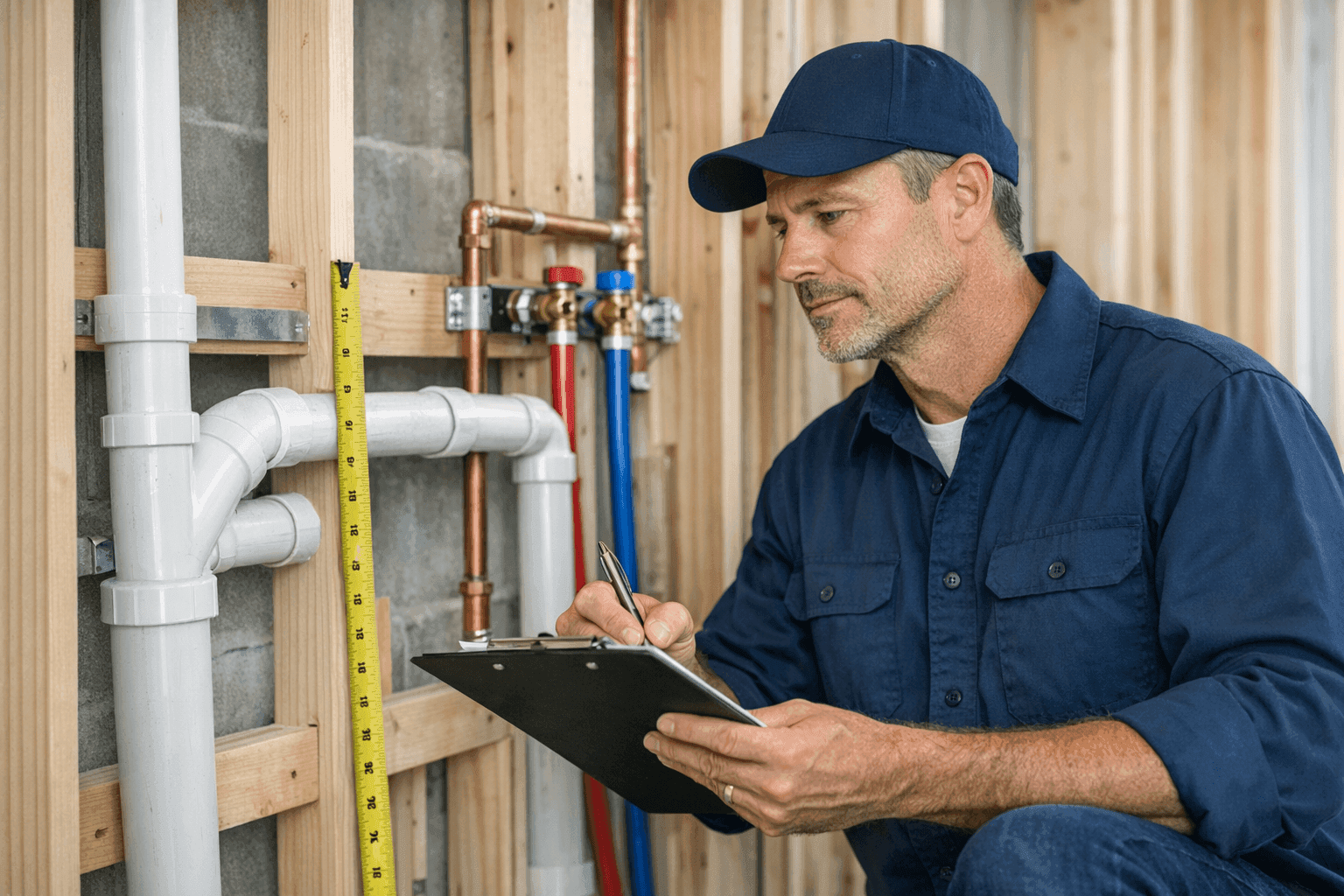 Licensed plumber inspecting PVC drainage pipes during rough-in inspection with clipboard checklist