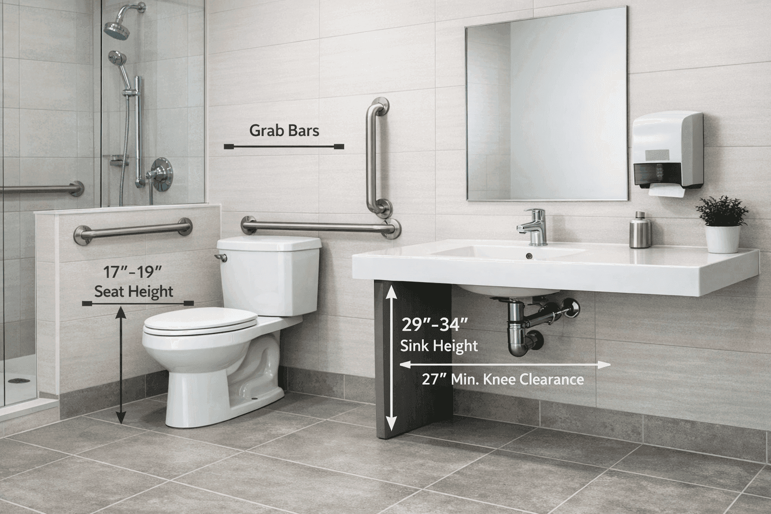 Accessible bathroom with ADA-compliant fixtures including grab bars, raised toilet, and wheelchair-accessible sink