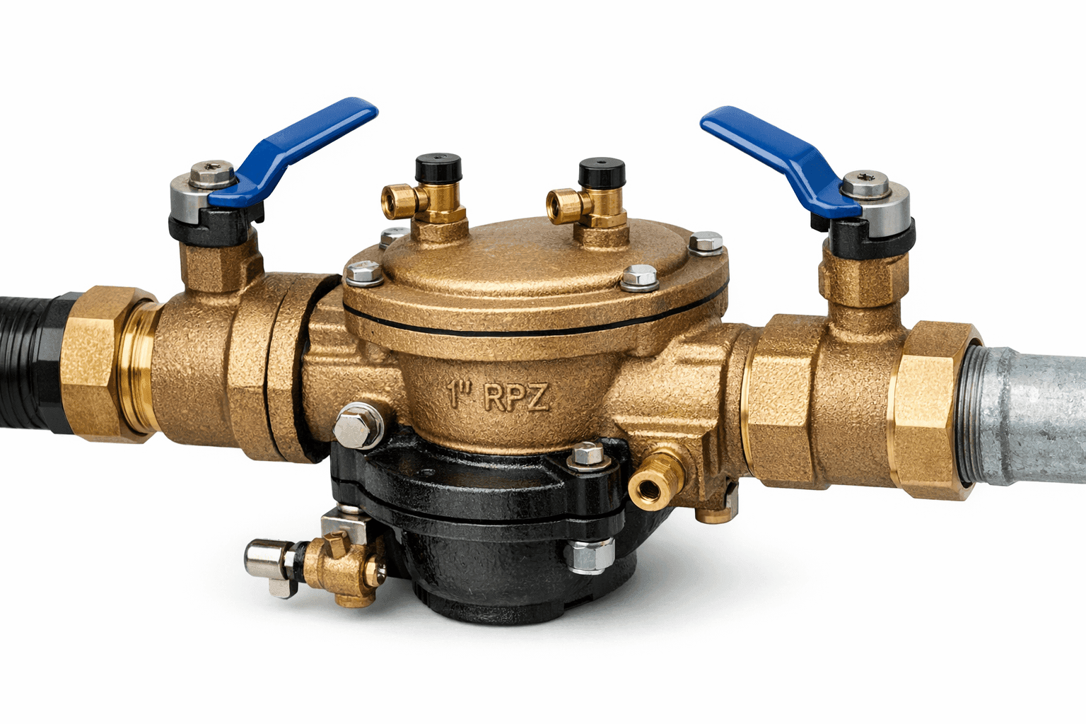 Brass backflow prevention valve device with pressure relief ports for irrigation system protection