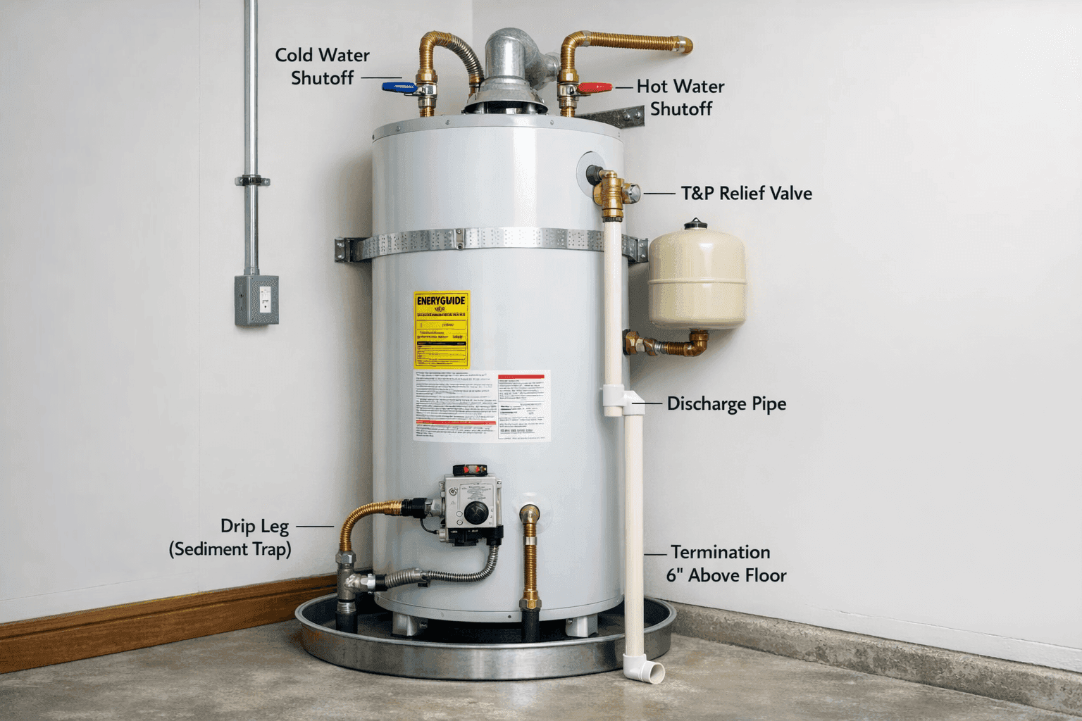Code-compliant residential water heater installation showing T&P valve discharge pipe and shutoff valves