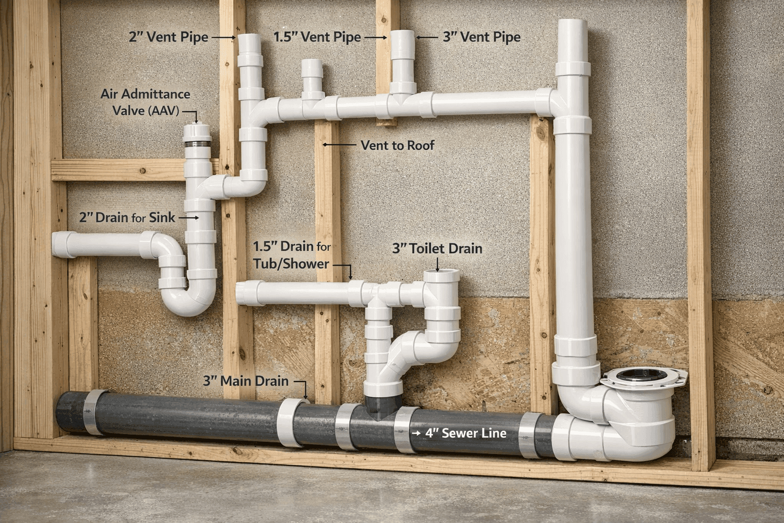 PVC plumbing vent pipes and drainage system showing proper code-compliant installation during rough-in