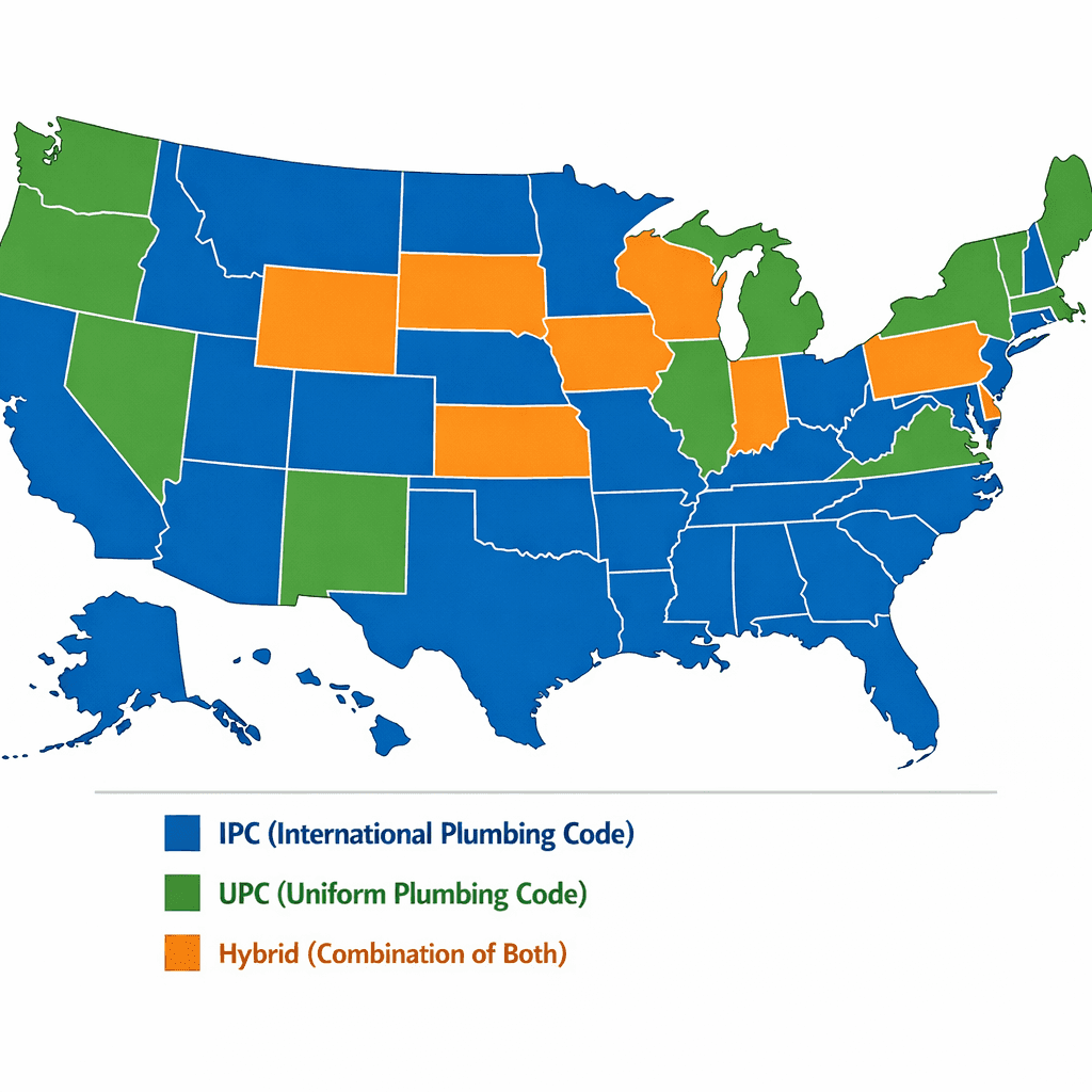 US map showing states colored by plumbing code adoption - IPC states in blue, UPC states in green, and hybrid states in orange