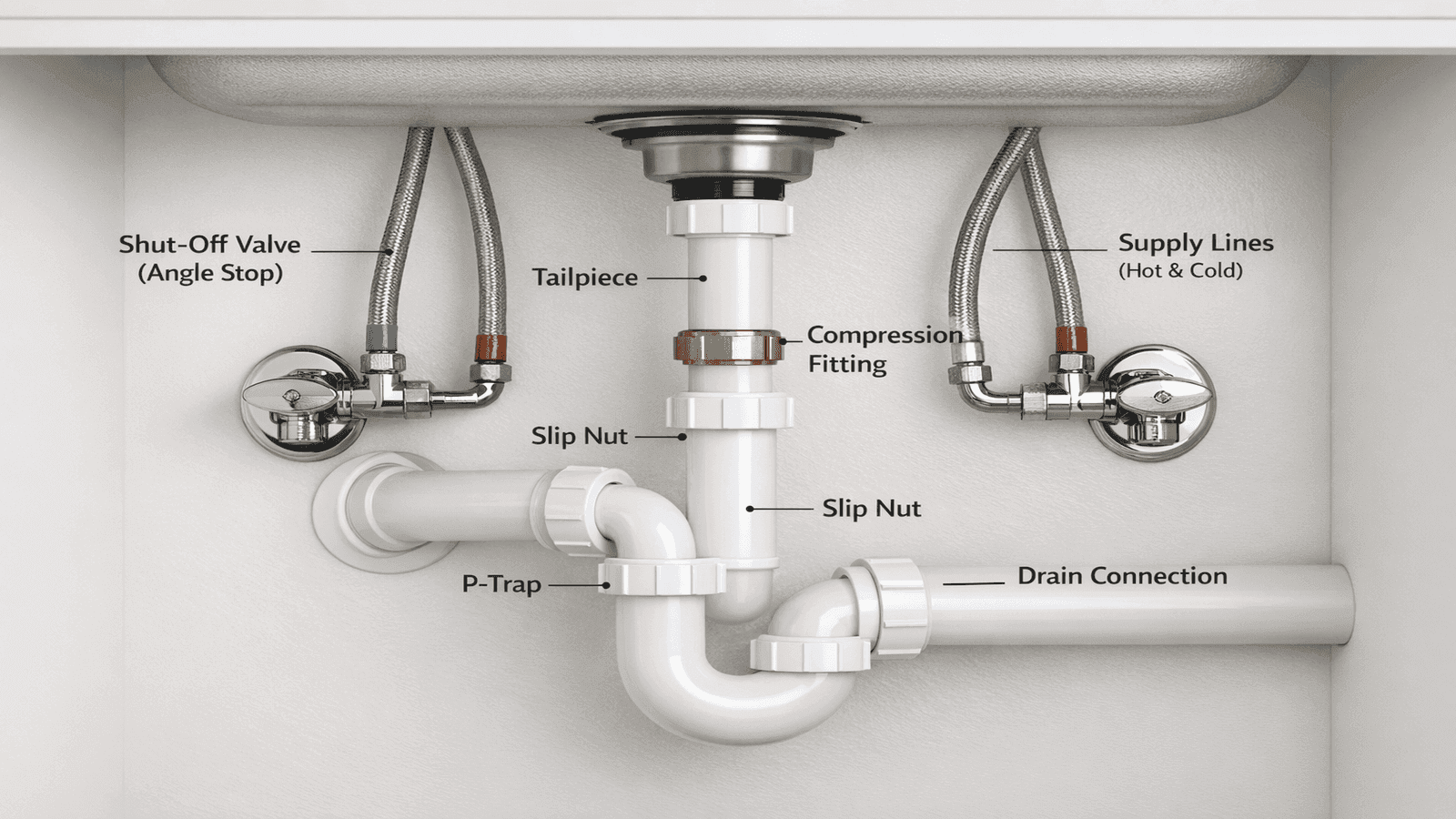 Detailed diagram of kitchen sink plumbing showing labeled P-trap, shut-off valves, supply lines, tailpiece, and compression fittings