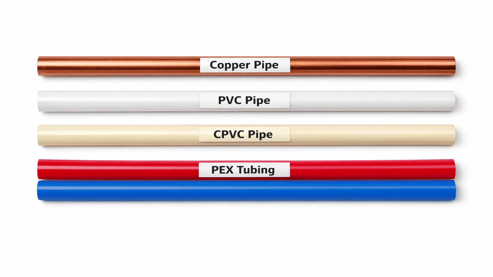 Comparison of plumbing pipe materials showing copper, white PVC, cream CPVC, and colored PEX tubing side-by-side with labels