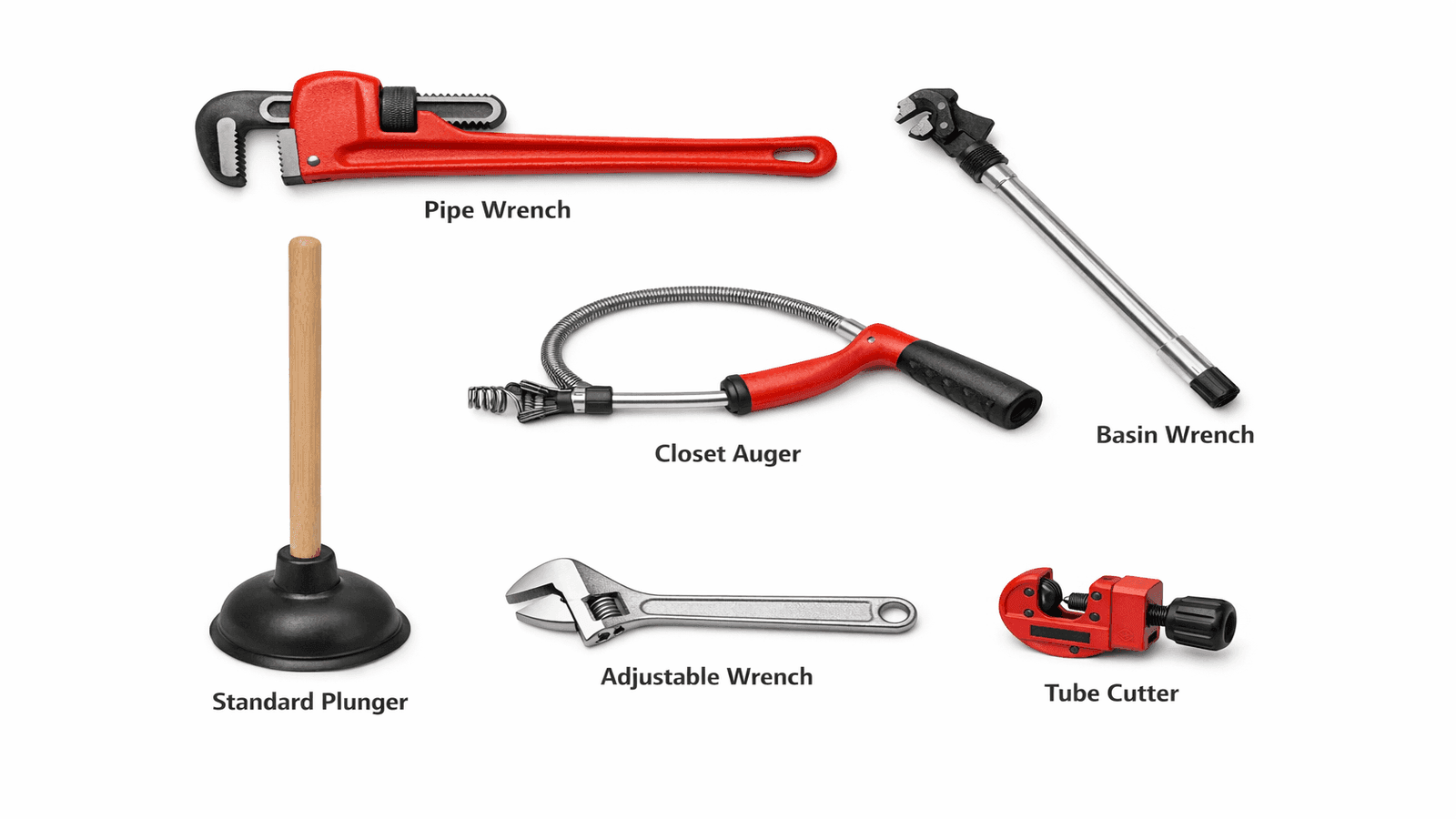 Collection of common plumbing tools with labels including pipe wrench, basin wrench, closet auger, plunger, adjustable wrench, and tube cutter