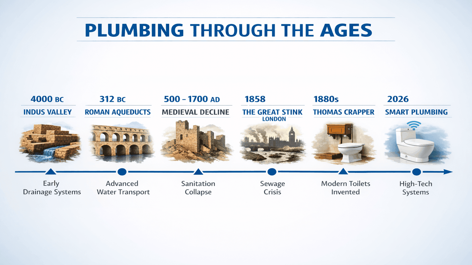Timeline infographic showing plumbing evolution from 4000 BC to 2026 with major innovations and milestones clearly marked