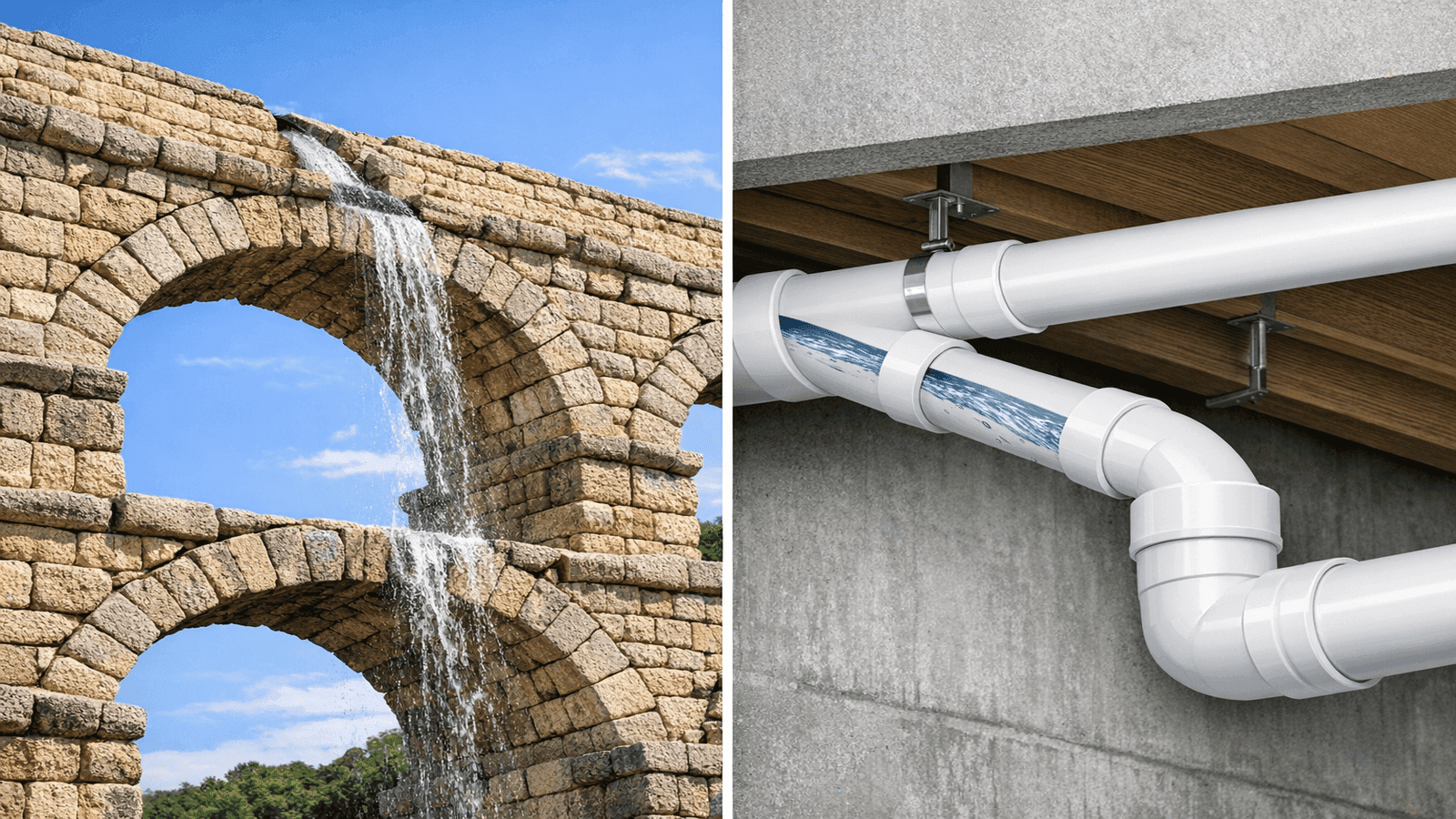 Comparison of Roman stone aqueduct structure with modern PVC gravity-fed drainage system showing unchanged engineering principles