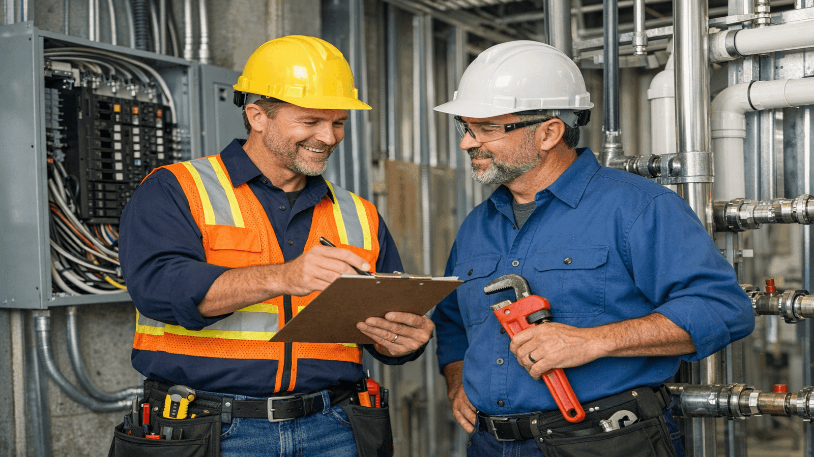 Licensed electrician and master plumber working side-by-side on commercial construction job site wearing safety gear