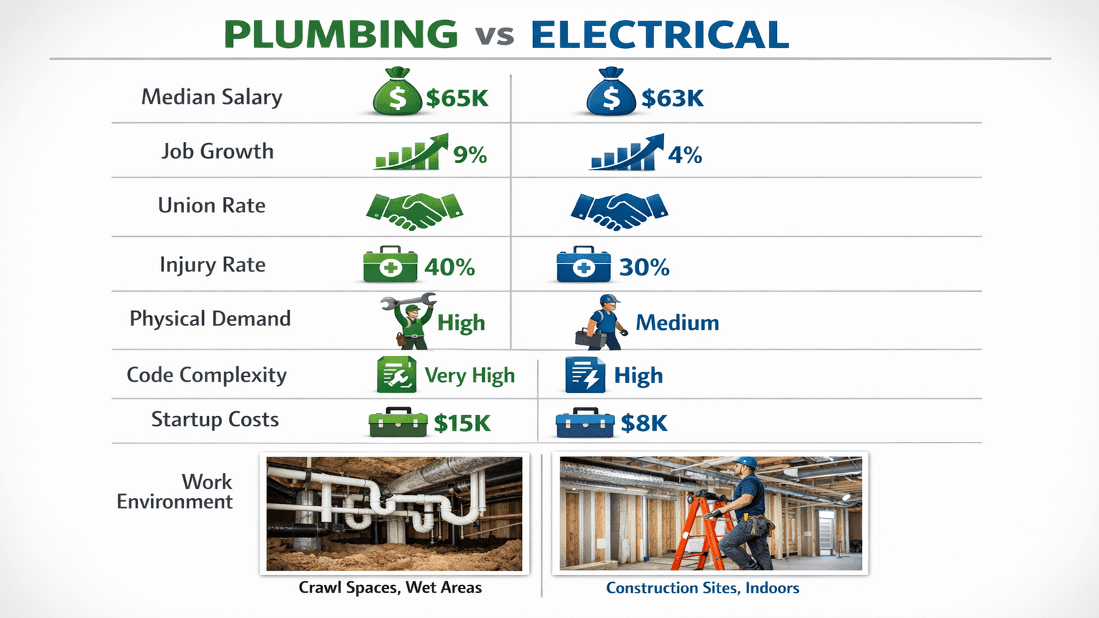 Comprehensive infographic comparing plumbing and electrical trades across salary, job growth, physical demands, code complexity, injury rates, and startup costs