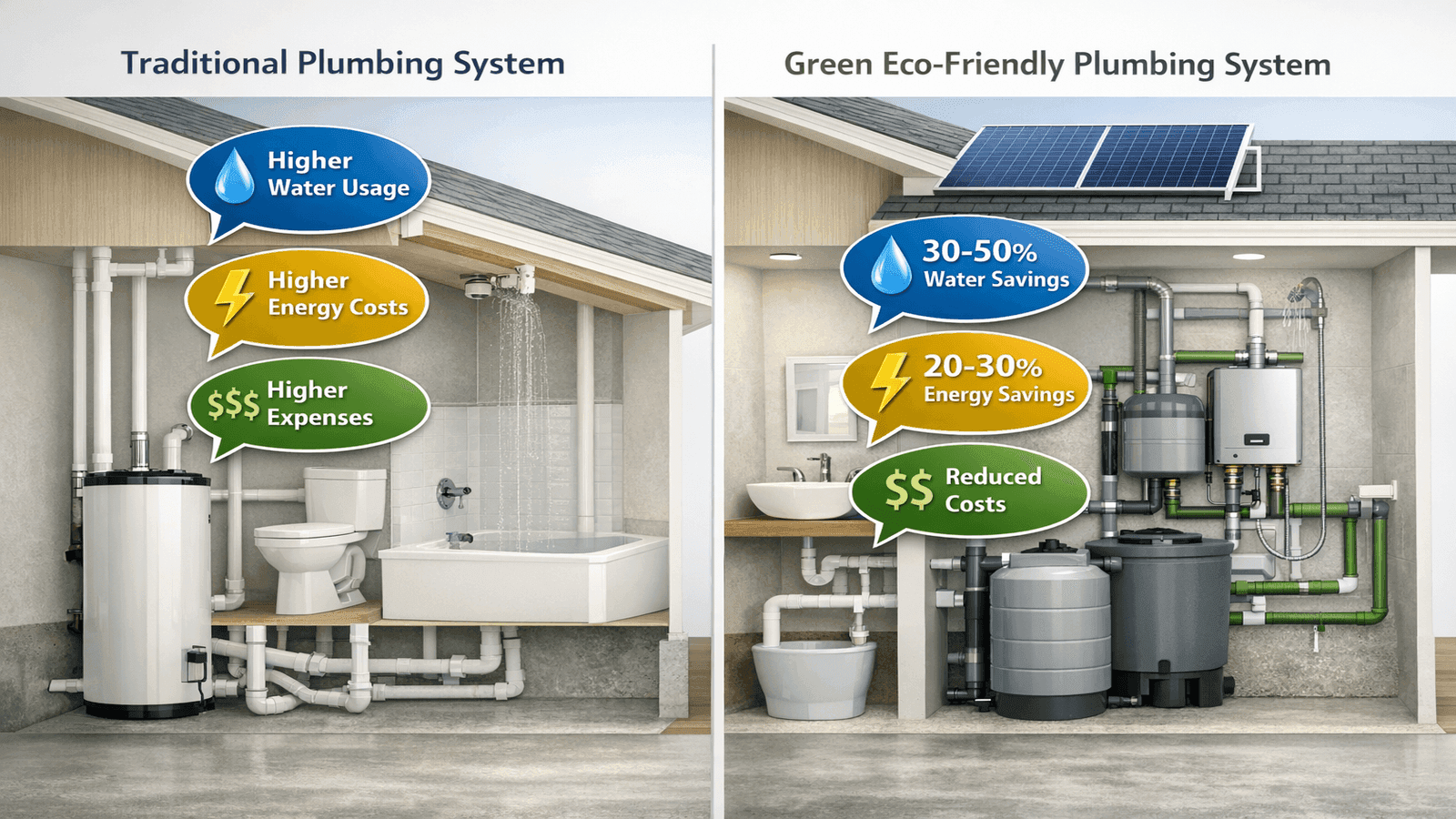 Comparison infographic showing traditional plumbing system versus green plumbing system with water and energy savings percentages