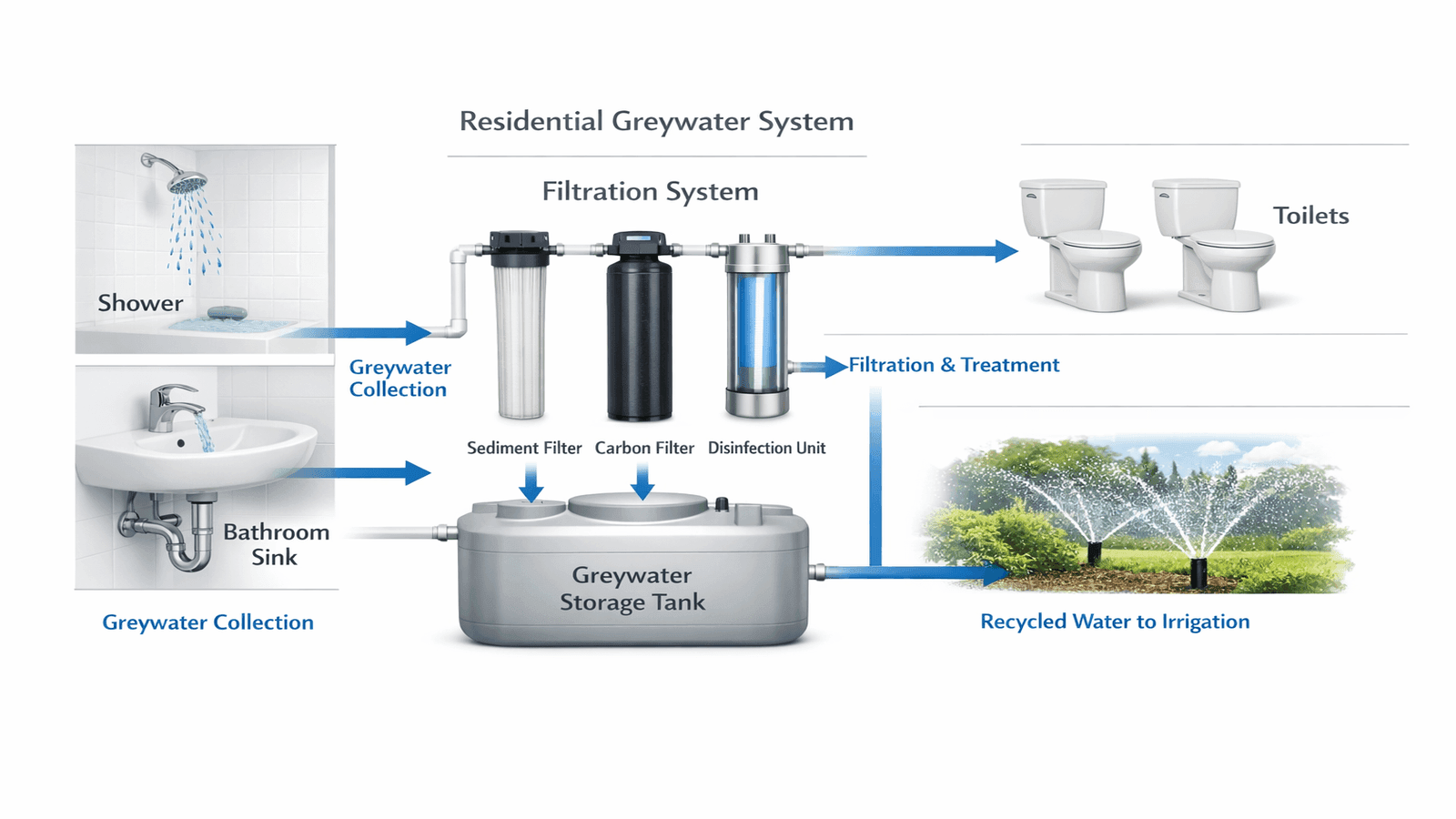 Diagram of residential greywater recycling system showing water collection, filtration, and reuse for toilets and irrigation