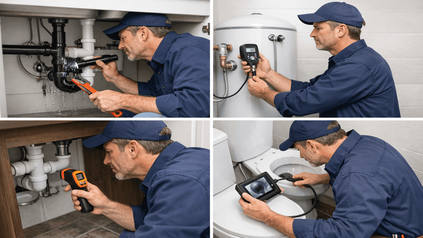 Professional plumber diagnosing common household plumbing issues with specialized tools