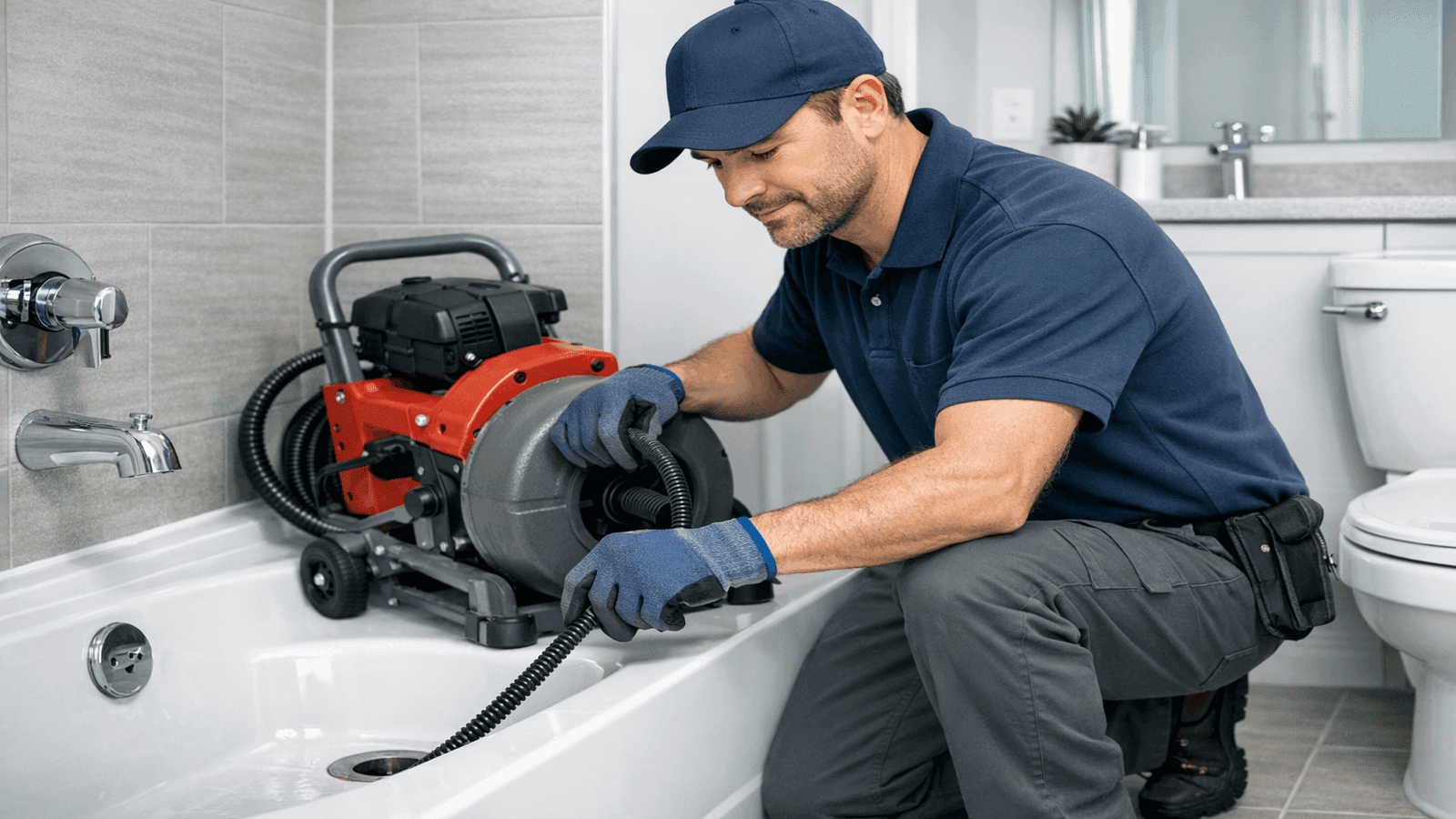 Plumber using drain snake to clear bathroom drain clog