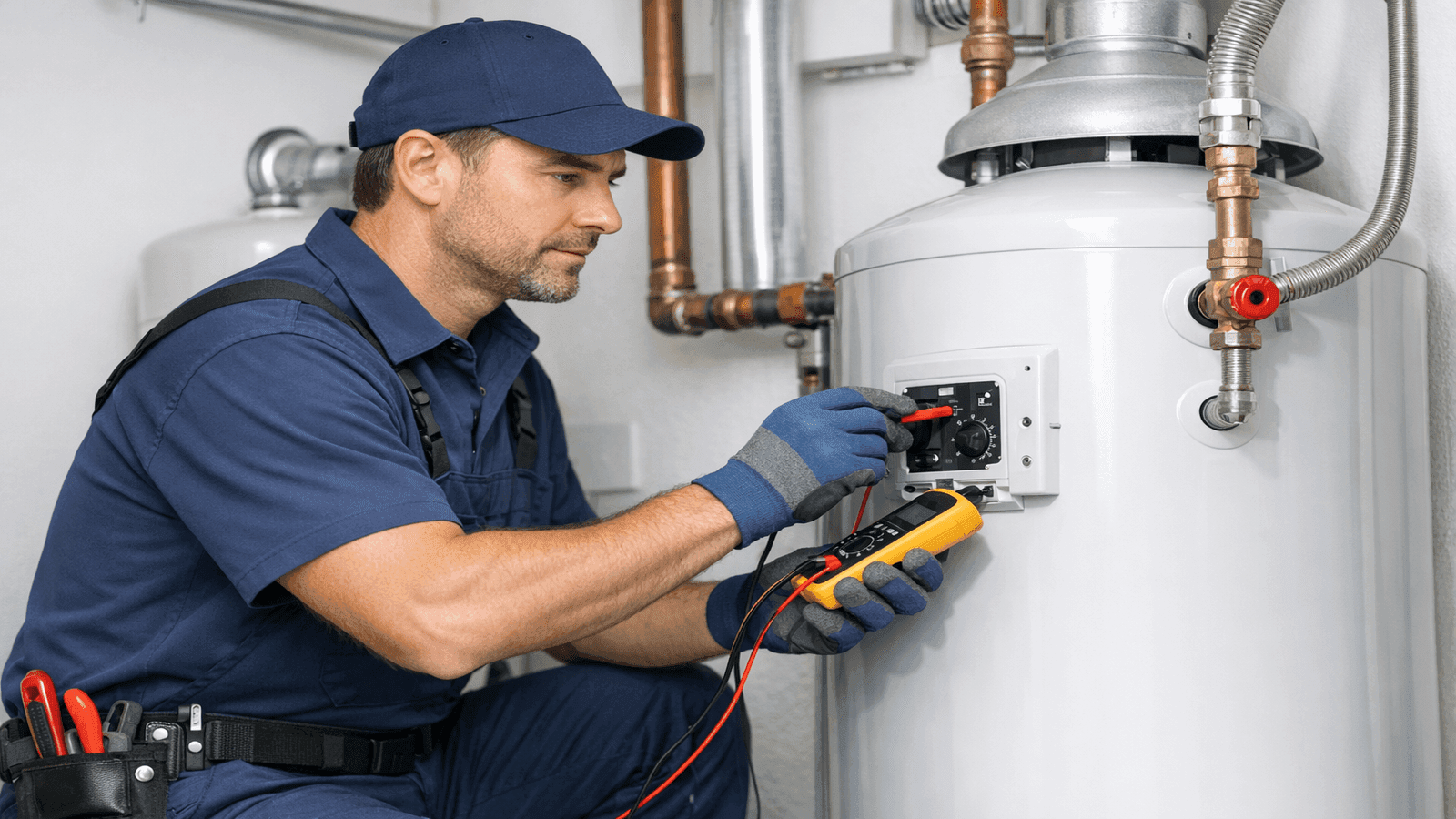 Plumber inspecting and maintaining residential water heater