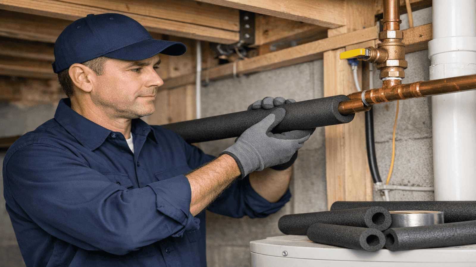 Plumber installing pipe insulation to prevent winter freezing