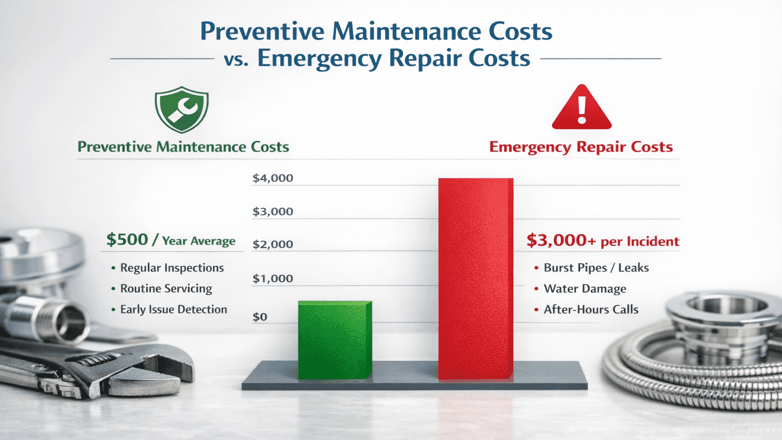 Cost comparison chart: preventive plumbing maintenance vs emergency repairs