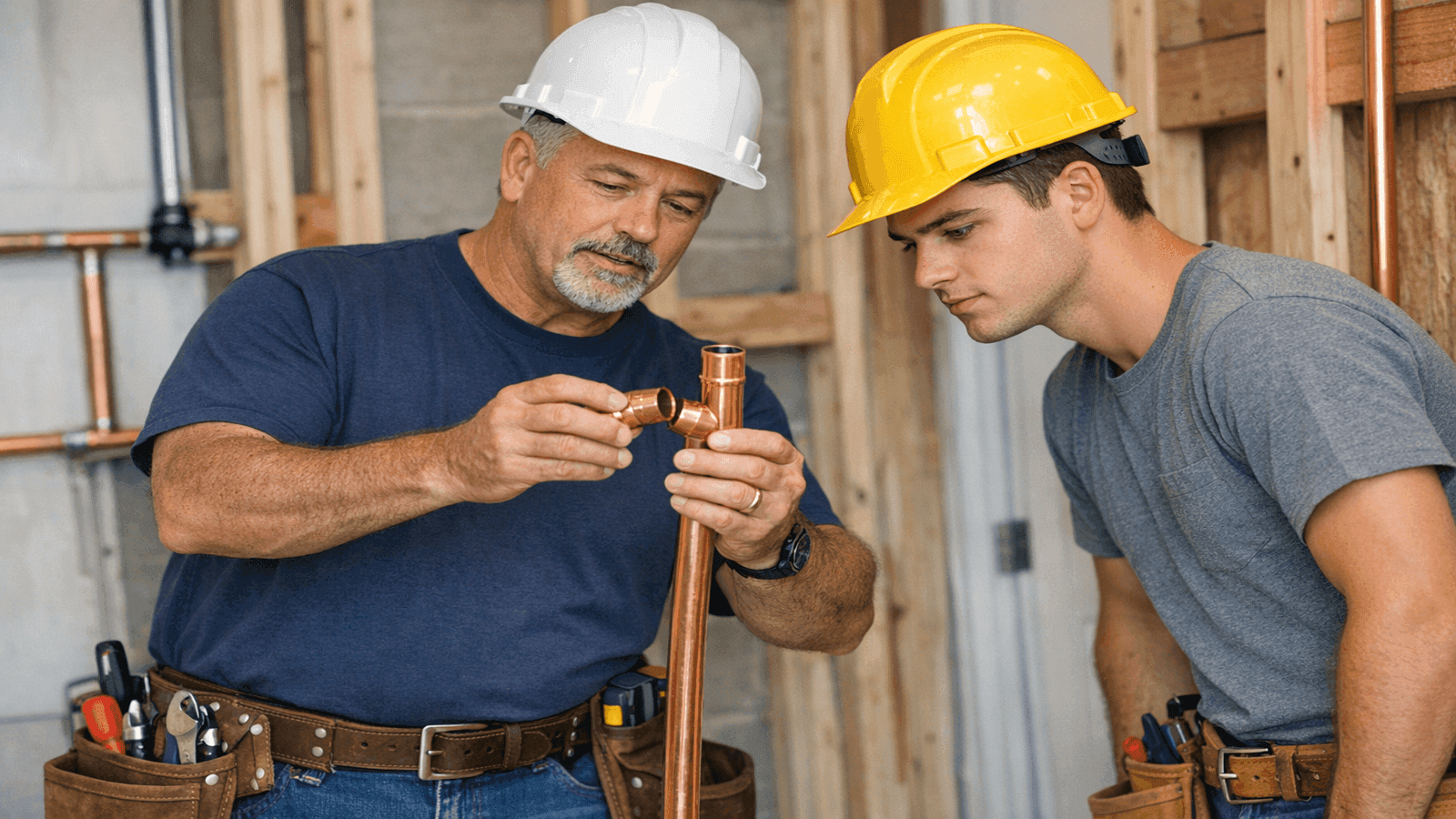 Experienced master plumber teaching apprentice proper pipe installation techniques on residential job site