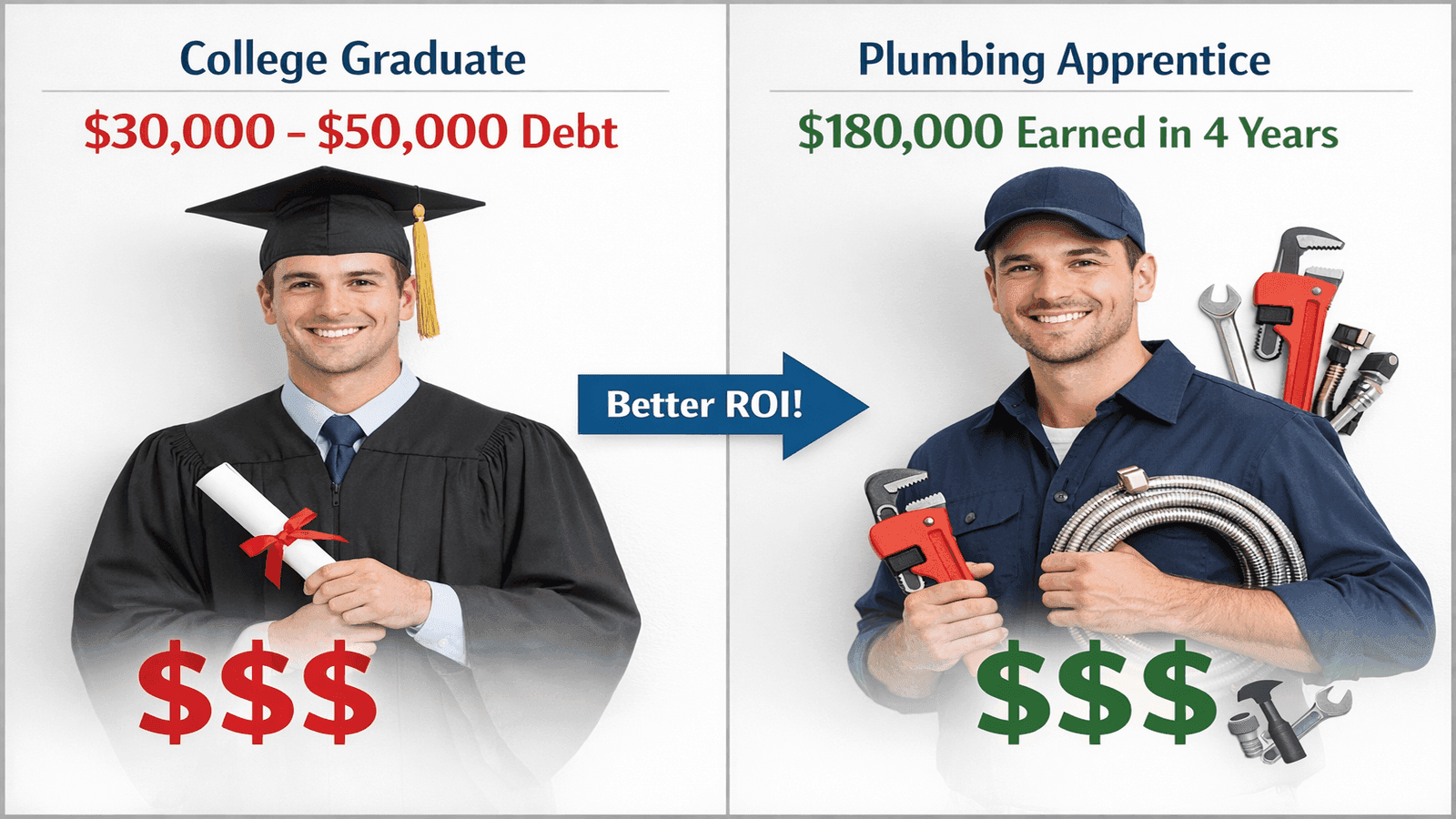 Side-by-side comparison infographic showing plumbing apprenticeship earnings of $180,000 versus college debt of $30,000-$50,000