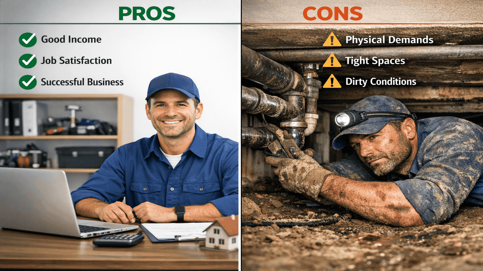 Split screen comparison showing benefits of plumbing career including good salary versus physical challenges like working in confined spaces
