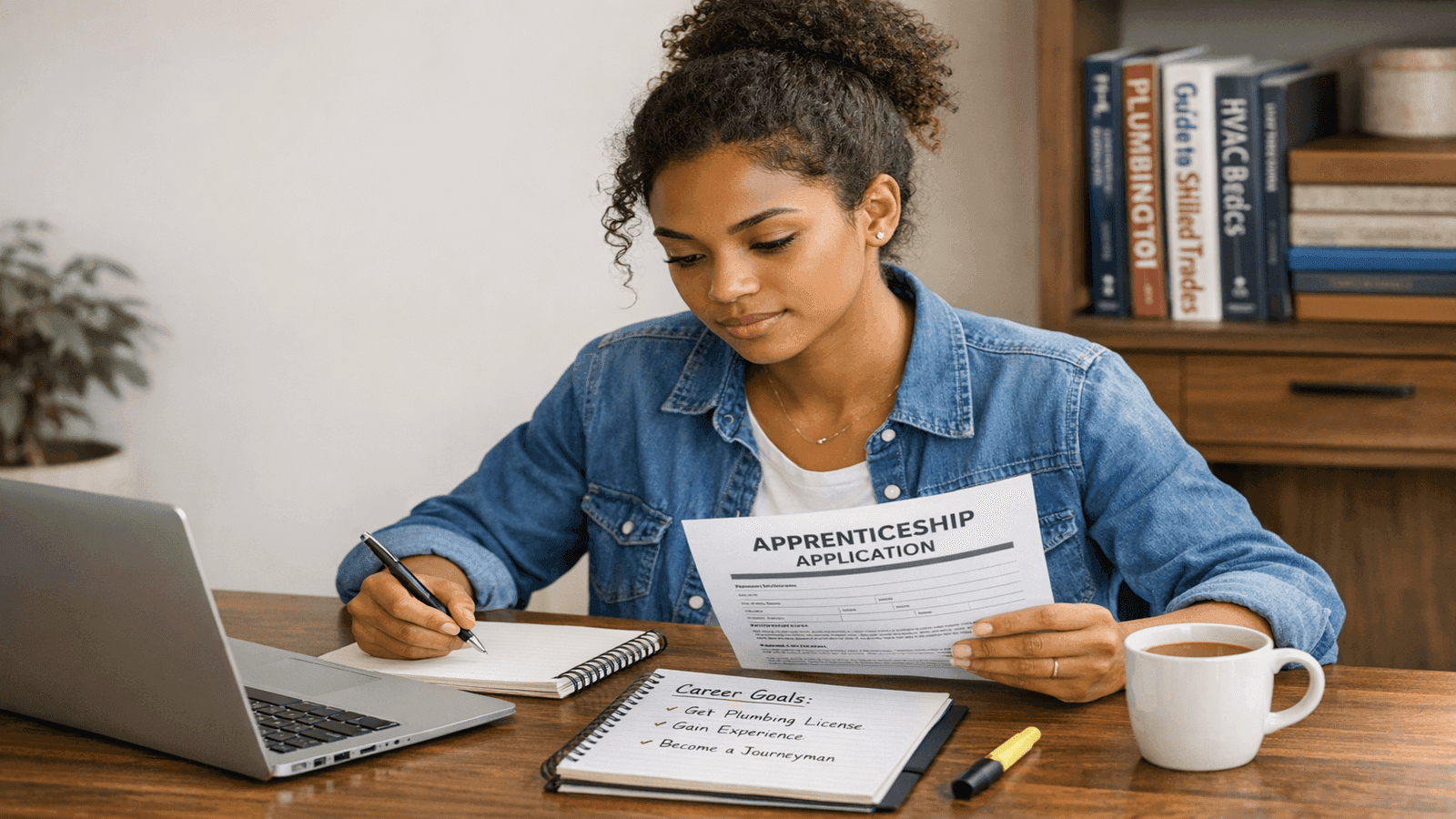 Young person researching plumbing apprenticeship programs and preparing career applications at desk with laptop and notepad