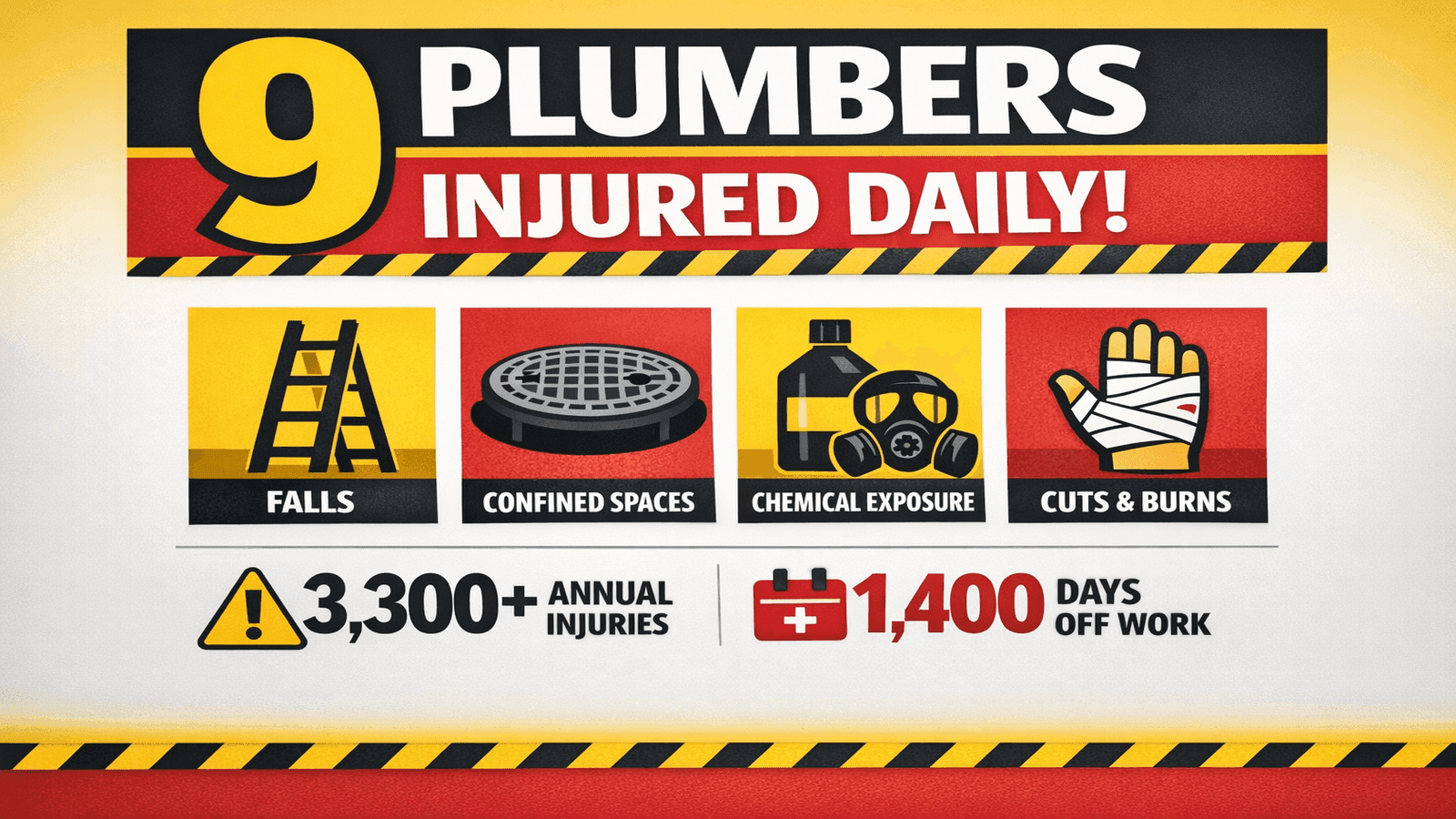 Safety infographic showing 9 plumbers injured daily with icons for falls, confined spaces, chemical exposure, and physical injuries alongside annual injury statistics