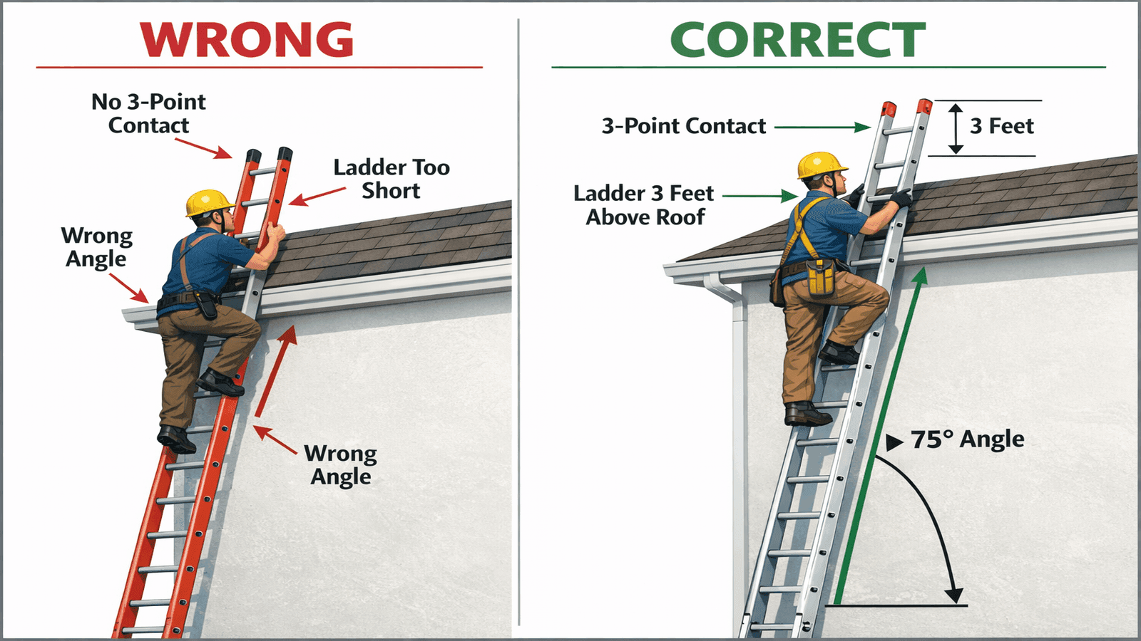 Side-by-side safety diagram comparing improper versus proper ladder setup showing 3-point contact, correct angle, and 3-foot extension above roofline