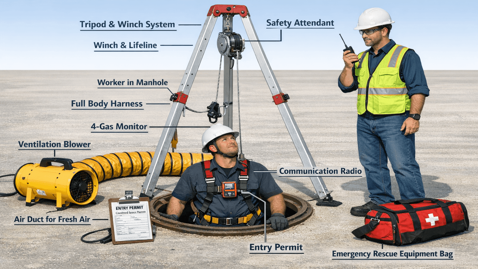 Technical diagram of confined space entry setup showing gas monitor, ventilation blower, tripod retrieval system, safety attendant, and entry permit at manhole