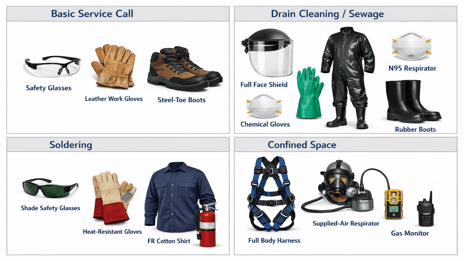Reference chart showing complete PPE requirements for four plumbing task types including basic service, drain cleaning, soldering, and confined space entry
