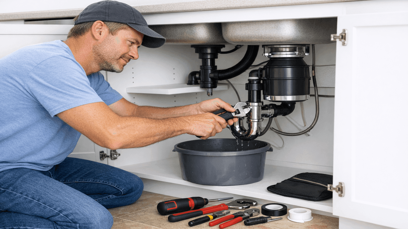 Homeowner performing DIY under-sink plumbing repair with proper tools and bucket