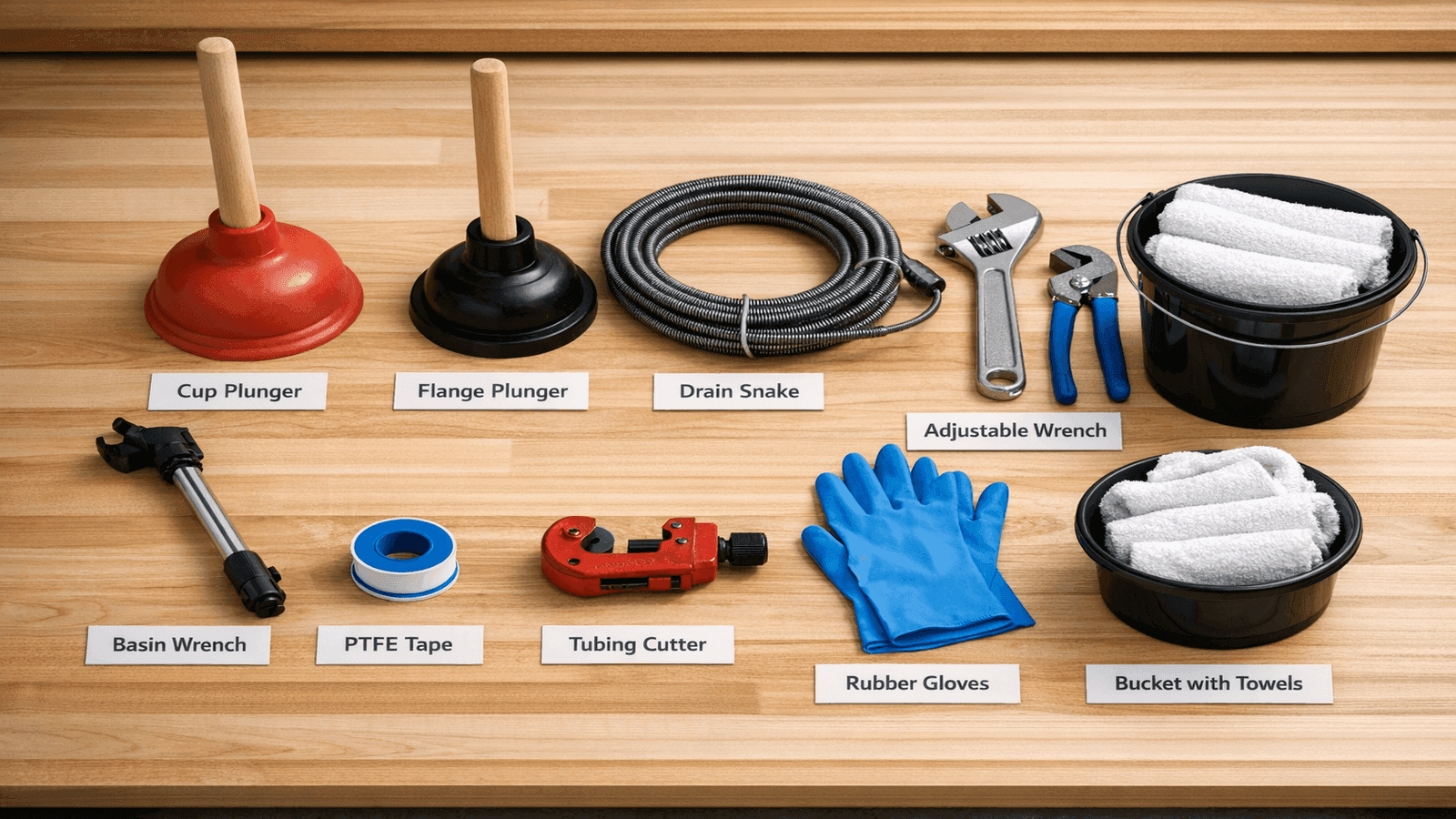 Organized DIY plumbing starter toolkit showing 10 essential tools labeled on a workbench