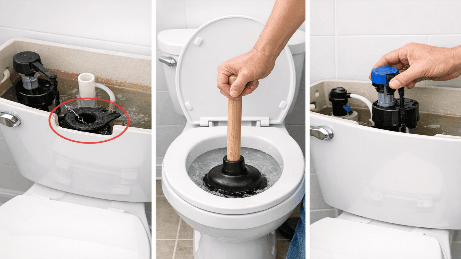 Three toilet repair scenarios shown side by side: running toilet flapper diagnosis, clog clearing with plunger, and fill valve replacement