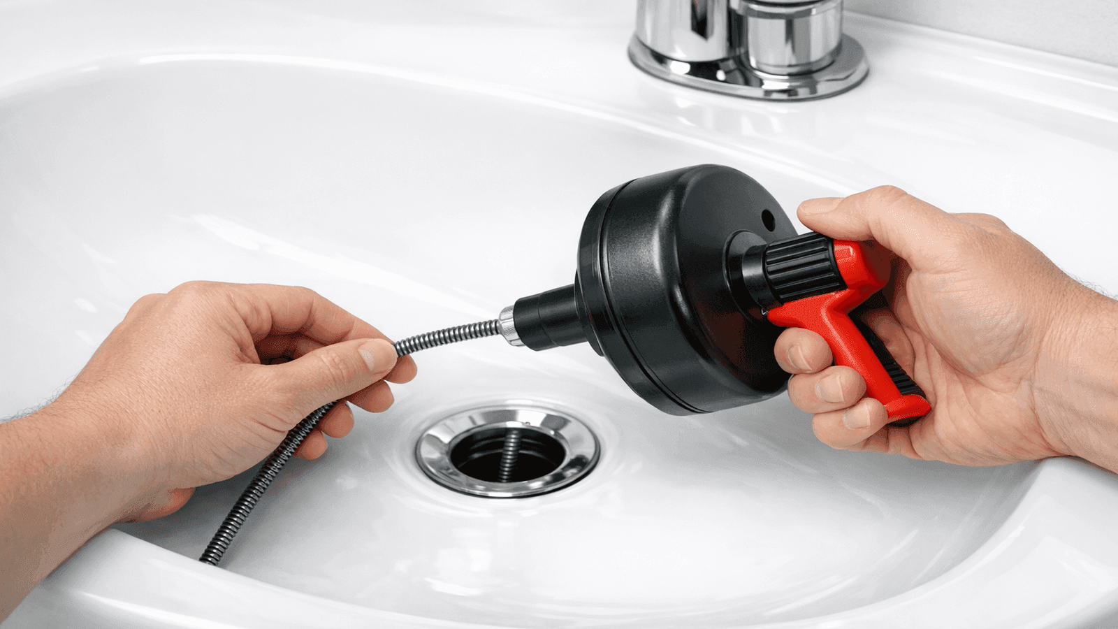 Correct two-handed technique for inserting a hand drain snake into a bathroom sink drain