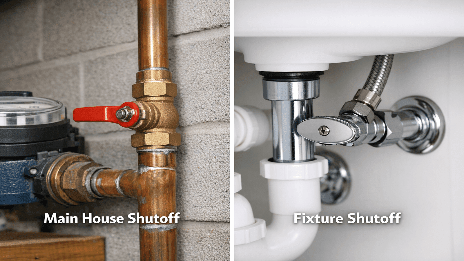 Labeled comparison of main house shutoff valve location versus individual fixture shutoff valve under a sink