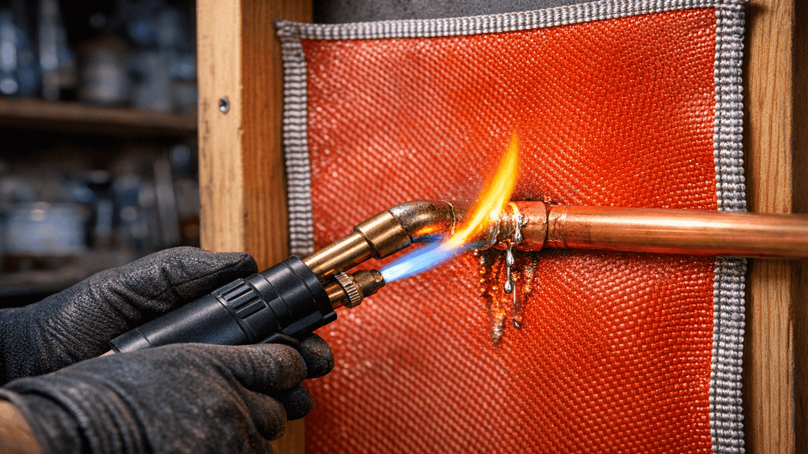 Correct technique for soldering a copper pipe joint showing proper 45-degree torch angle and fire-resistant protective cloth behind the pipe