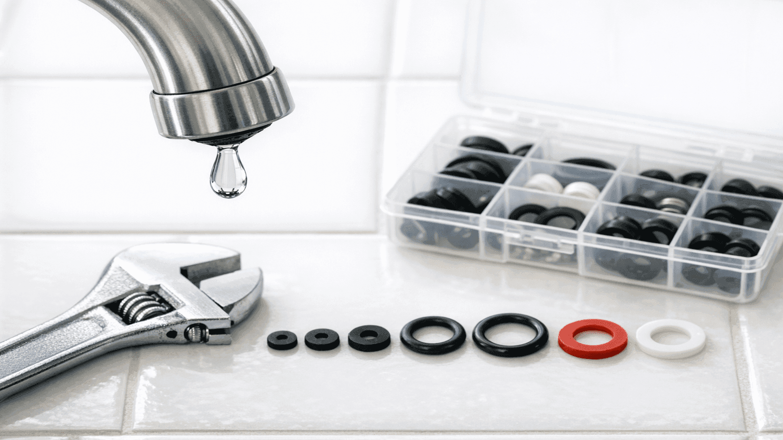 Kitchen faucet spout with a visible water drop dripping, adjustable wrench and replacement washer kit laid out on the counter beside it