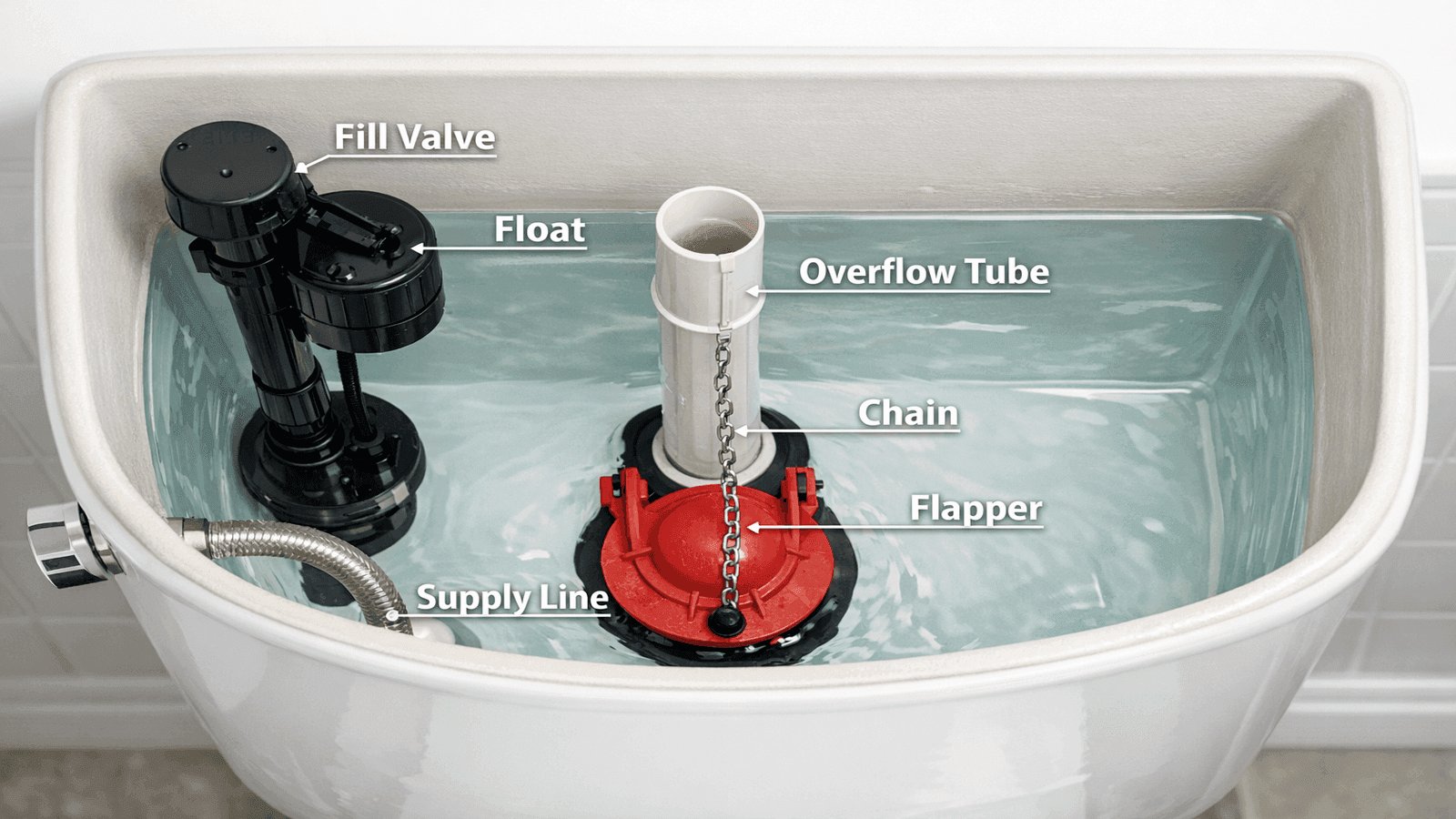 Top-down view of an open toilet tank with labeled components including flapper, float, fill valve, overflow tube, chain, and supply line
