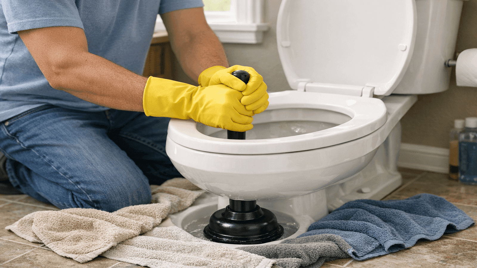 Homeowner wearing rubber gloves using a black flange plunger on a white toilet with towels laid on the bathroom floor for protection