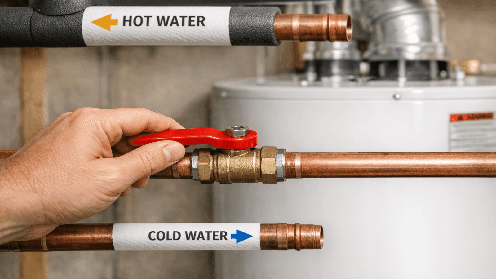 Homeowner turning a red-handled ball valve shutoff perpendicular to the pipe in a basement utility area with a water heater in the background