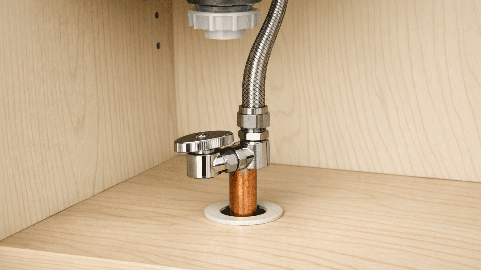 Chrome quarter-turn angle stop valve installed on copper stub-out pipe inside under-sink cabinet with braided stainless steel supply line