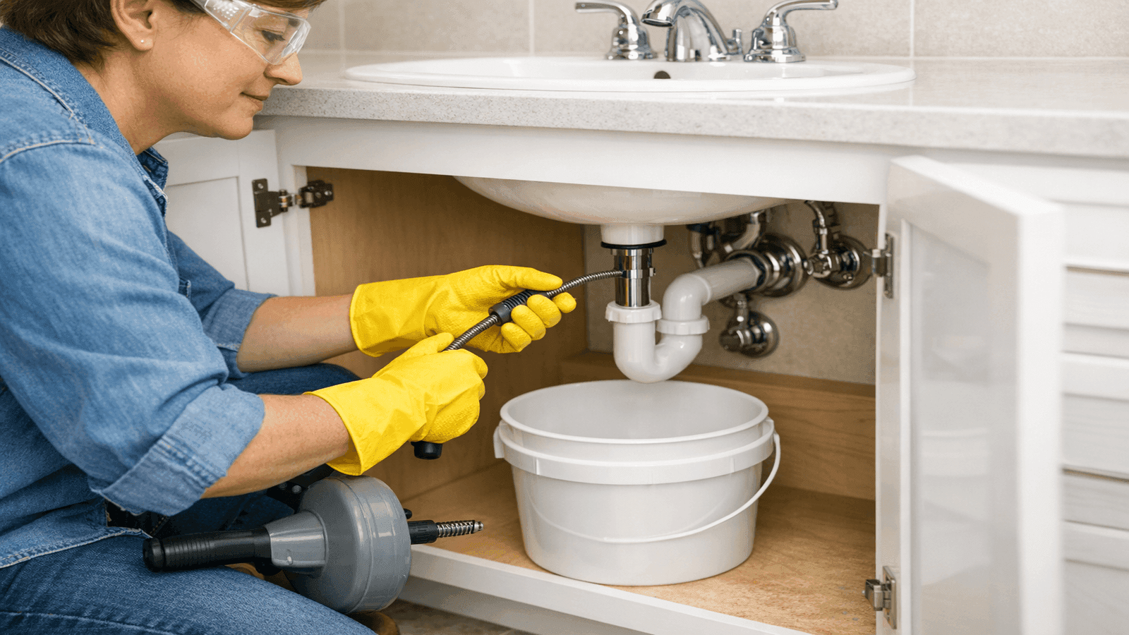 Homeowner wearing rubber gloves and safety glasses feeding a hand drum auger cable into a bathroom sink drain with a bucket under the cabinet