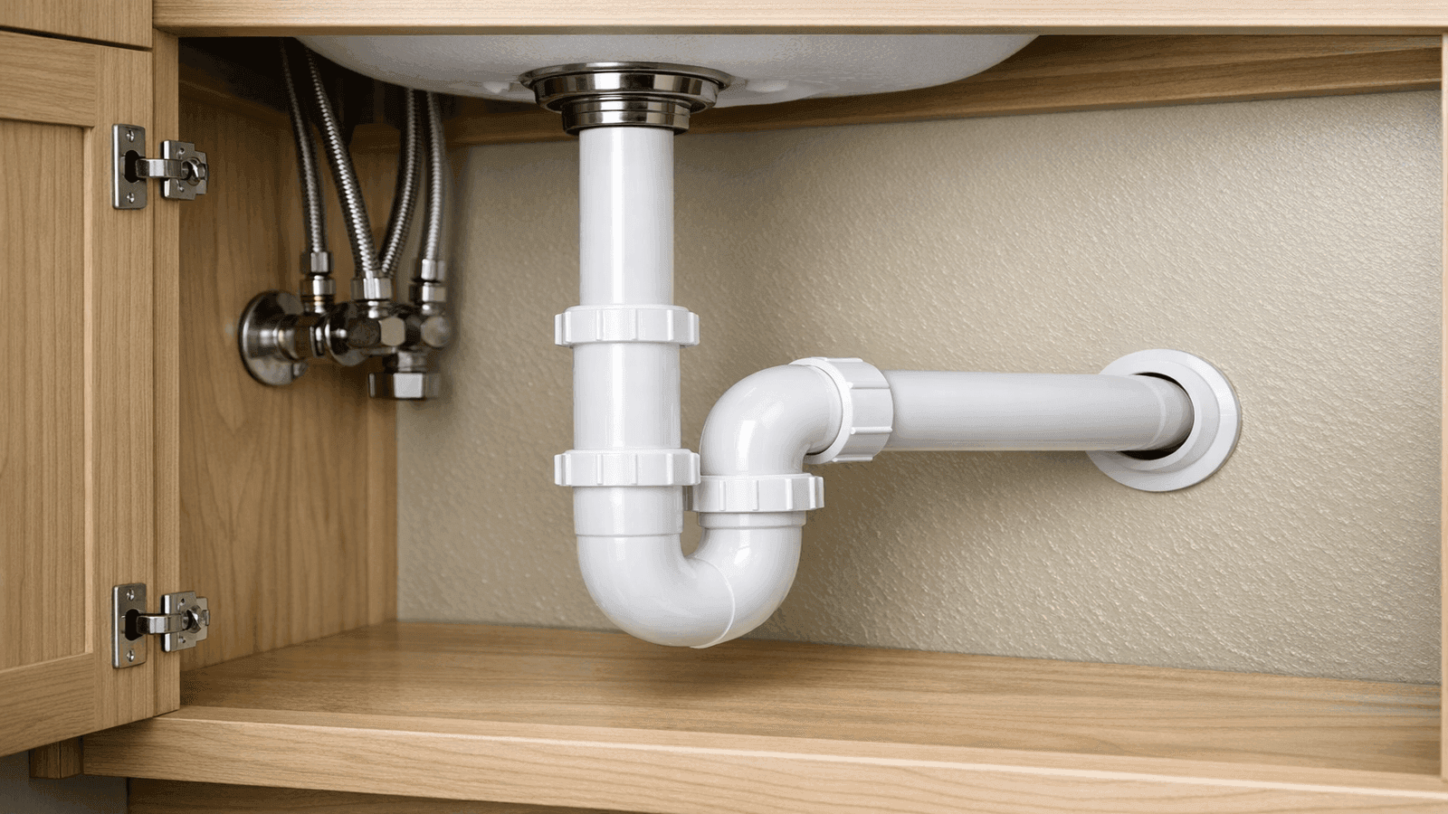 Completed white PVC P-trap assembly installed under a bathroom vanity sink showing tailpiece, P-bend, and trap arm entering wall stub-out