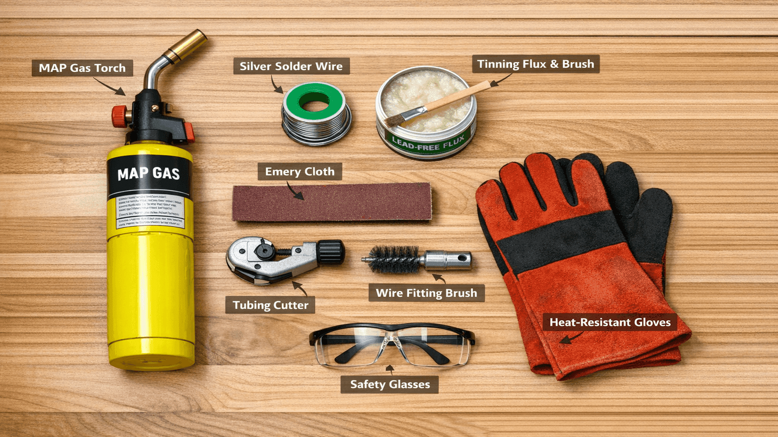 Soldering tools laid out on a work surface including a MAP gas torch, lead-free solder spool, flux tin with brush, emery cloth, tubing cutter, wire brush, heat-resistant gloves, and safety glasses
