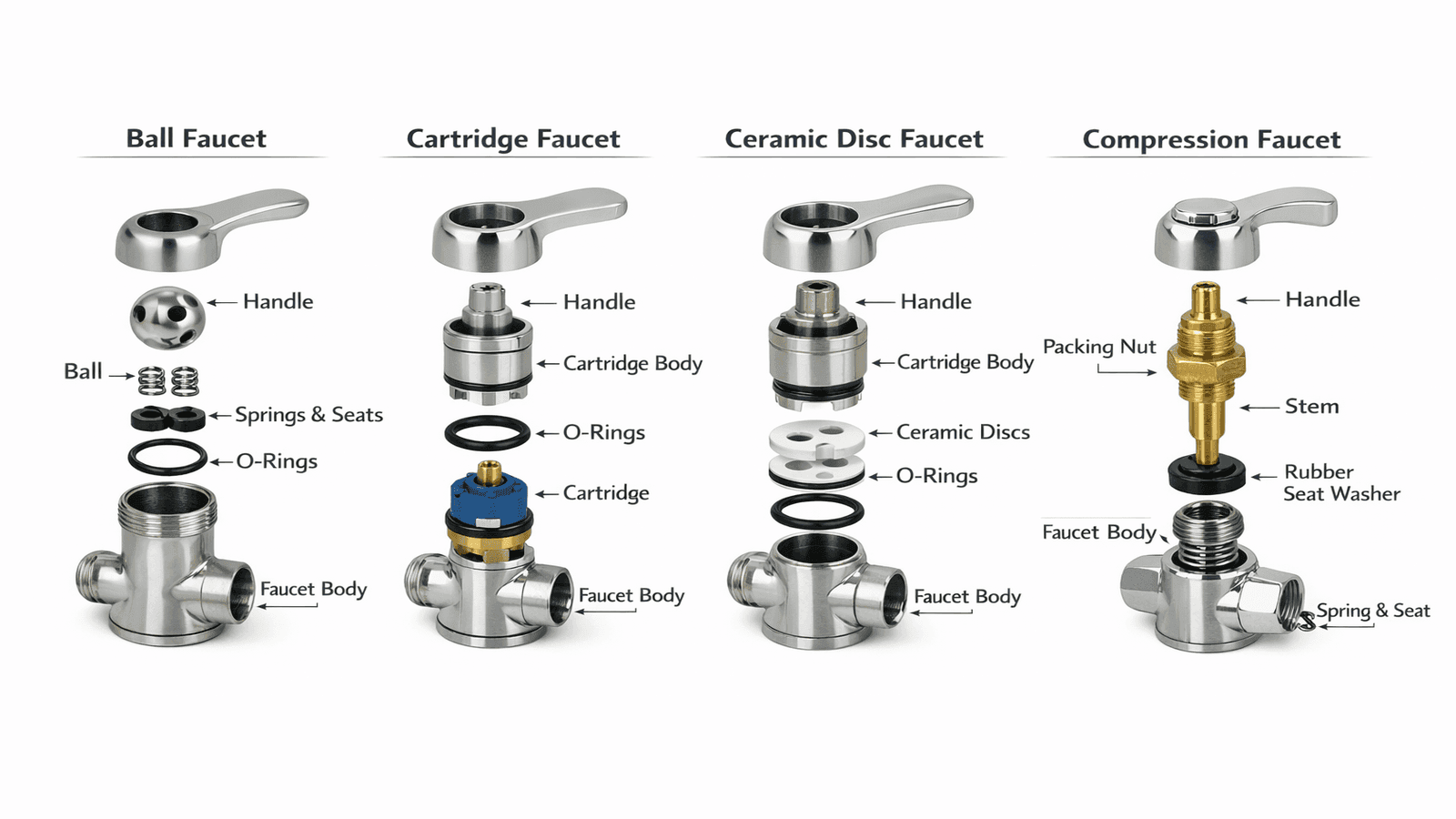 Exploded diagram showing the internal parts of all four faucet types side by side: ball, cartridge, ceramic disc, and compression, with labeled components