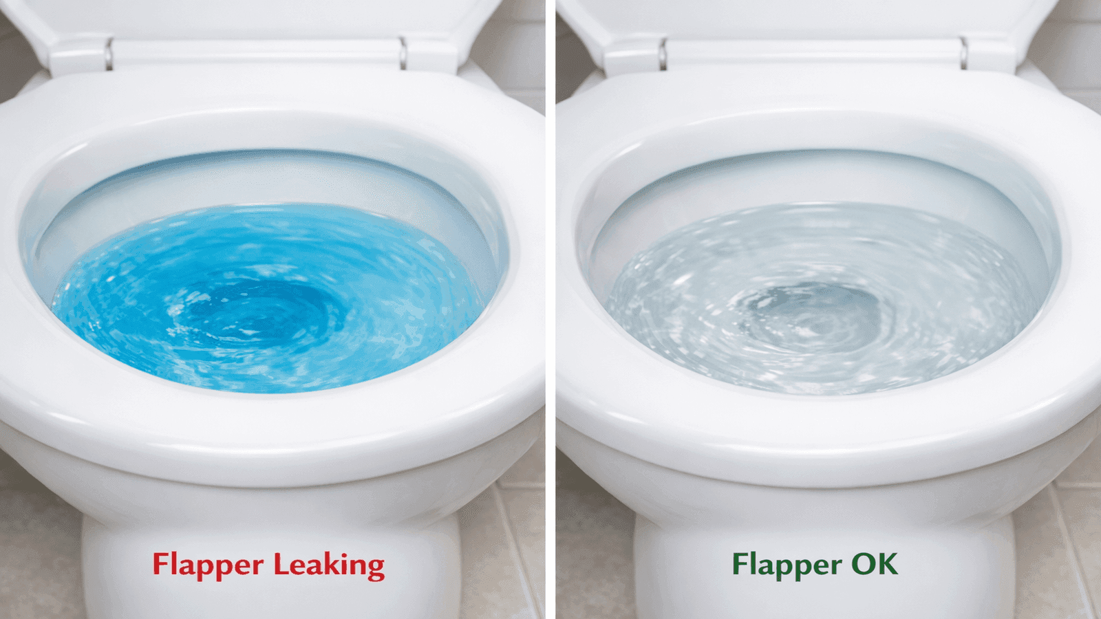 Side-by-side comparison showing blue-tinted toilet bowl water indicating a flapper leak on the left, and clear bowl water indicating a good flapper seal on the right