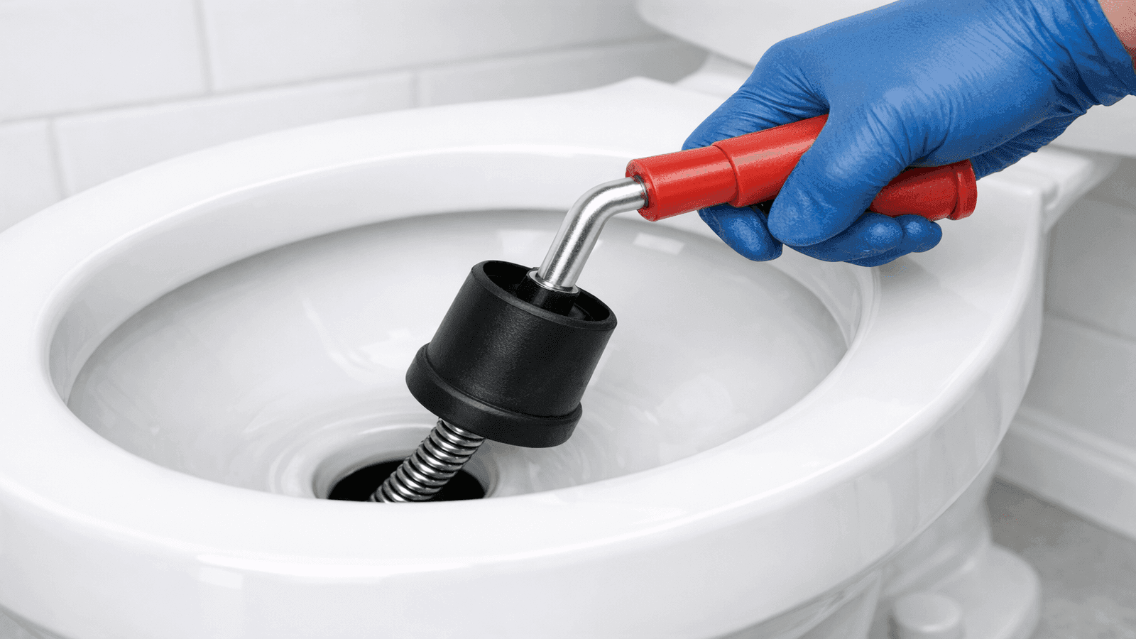 Toilet auger with rubber sleeve being inserted into a toilet drain at a downward angle with a gloved hand cranking the handle