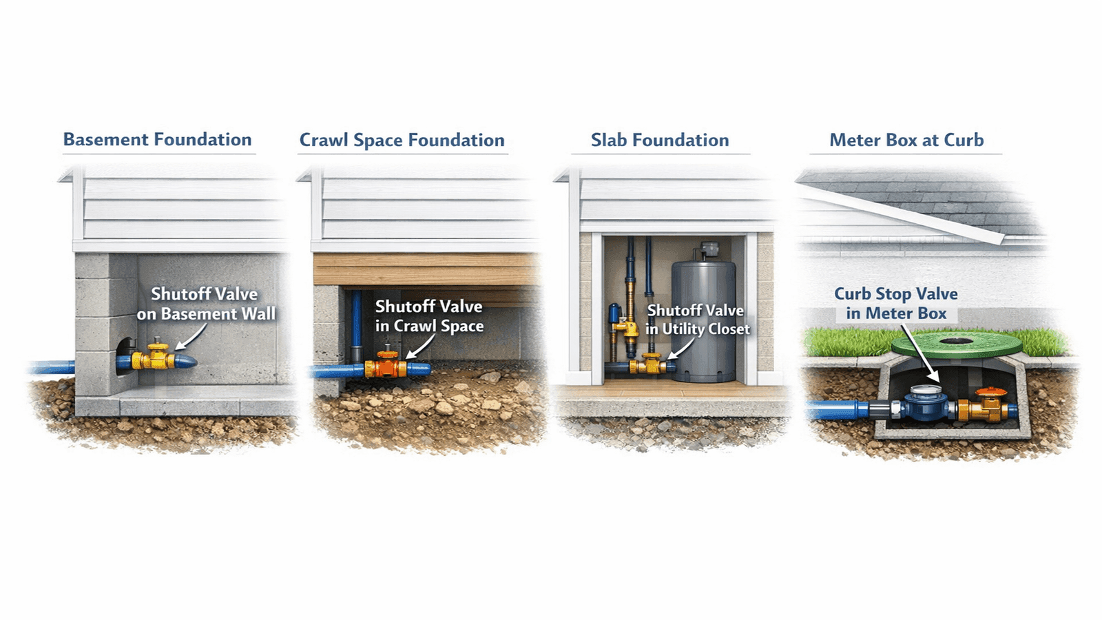 Diagram cross-section showing four common main water shutoff valve locations by home type: basement front wall, crawl space entry point, utility closet near water heater, and street-level curb stop meter box